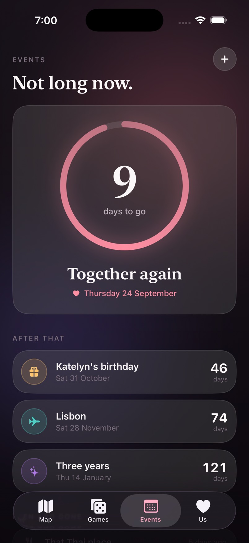 The Events tab: nine days to go until Together again, with a ring around the number, and the events after it listed below.