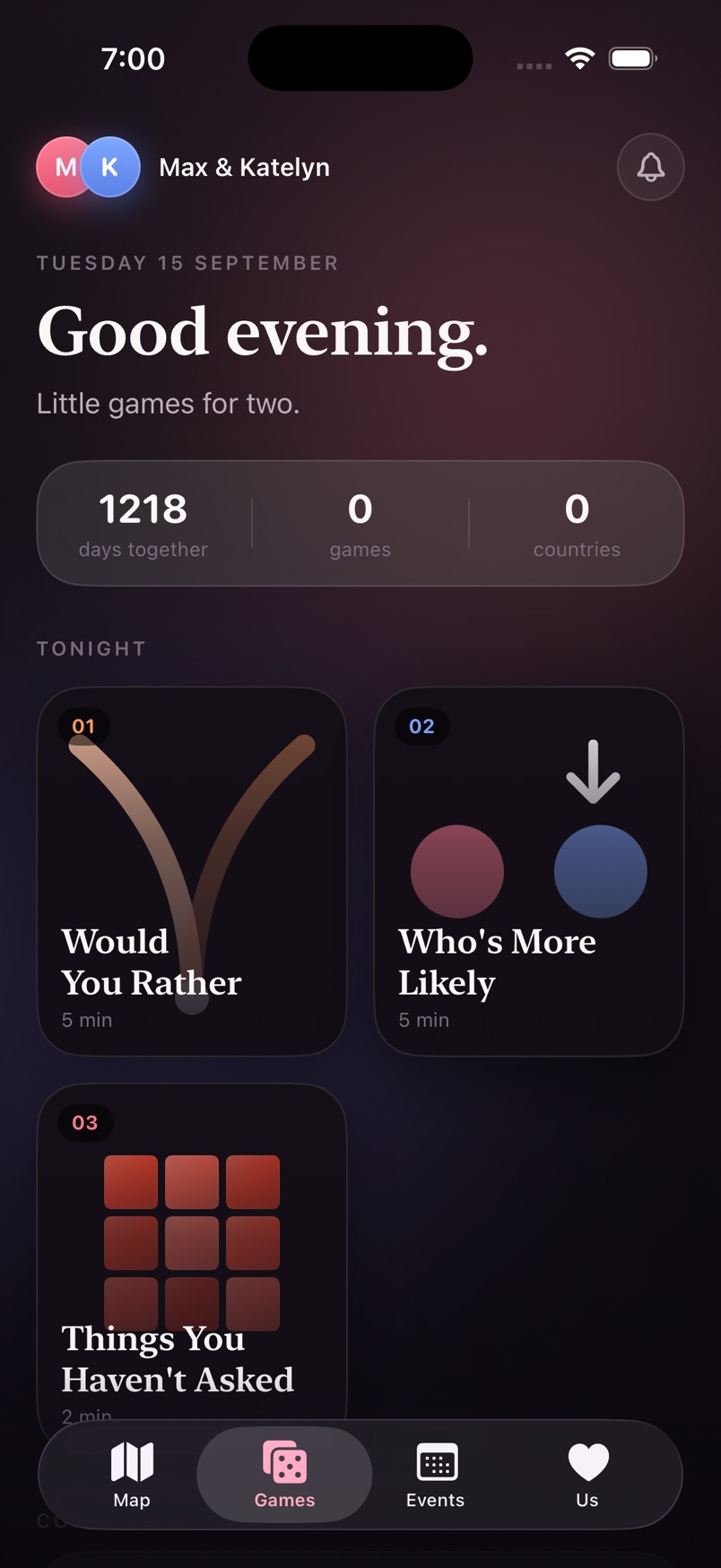 The Games tab, showing Would You Rather, Who's More Likely and Things You Haven't Asked as cards.