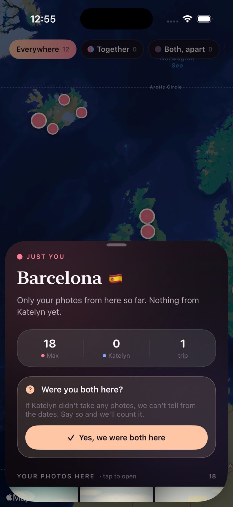 A place opened on the map, showing photo counts for each partner, the trips taken there and the photographs from them.