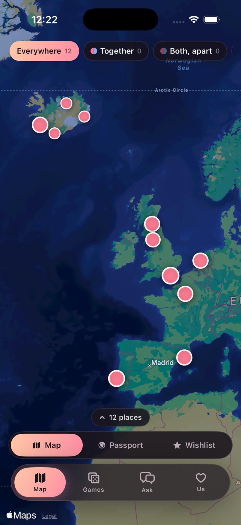 The Two of Us map, with pins across Iceland, Britain, France, the Netherlands, Portugal and Spain. A filter bar reads Everywhere 13, Together 3, Both apart 1.